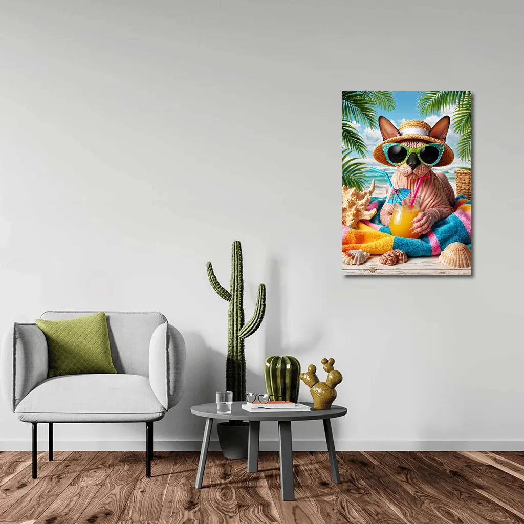 Sphynx Cat Relaxing On Tropical Beach – Wall Art