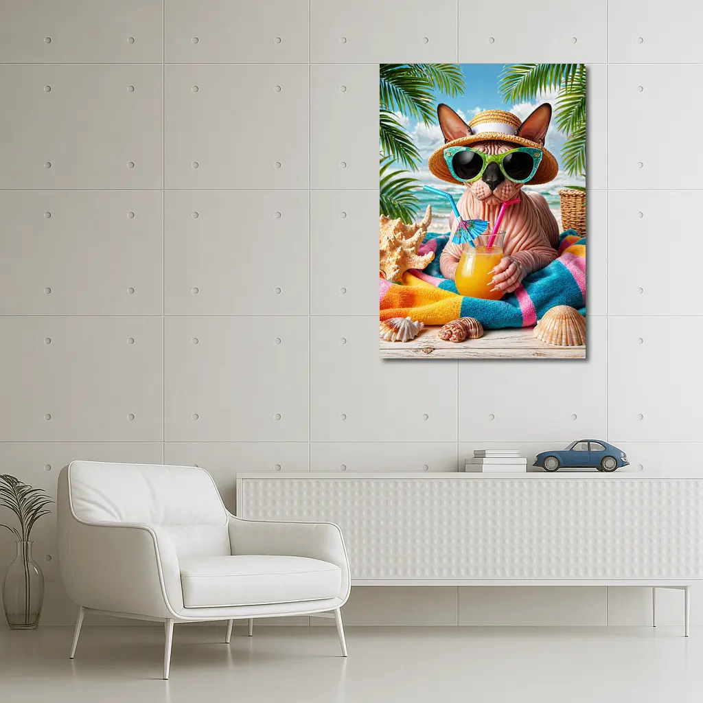 Sphynx Cat Relaxing On Tropical Beach – Wall Art