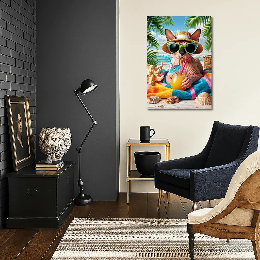Sphynx Cat Relaxing On Tropical Beach – Wall Art