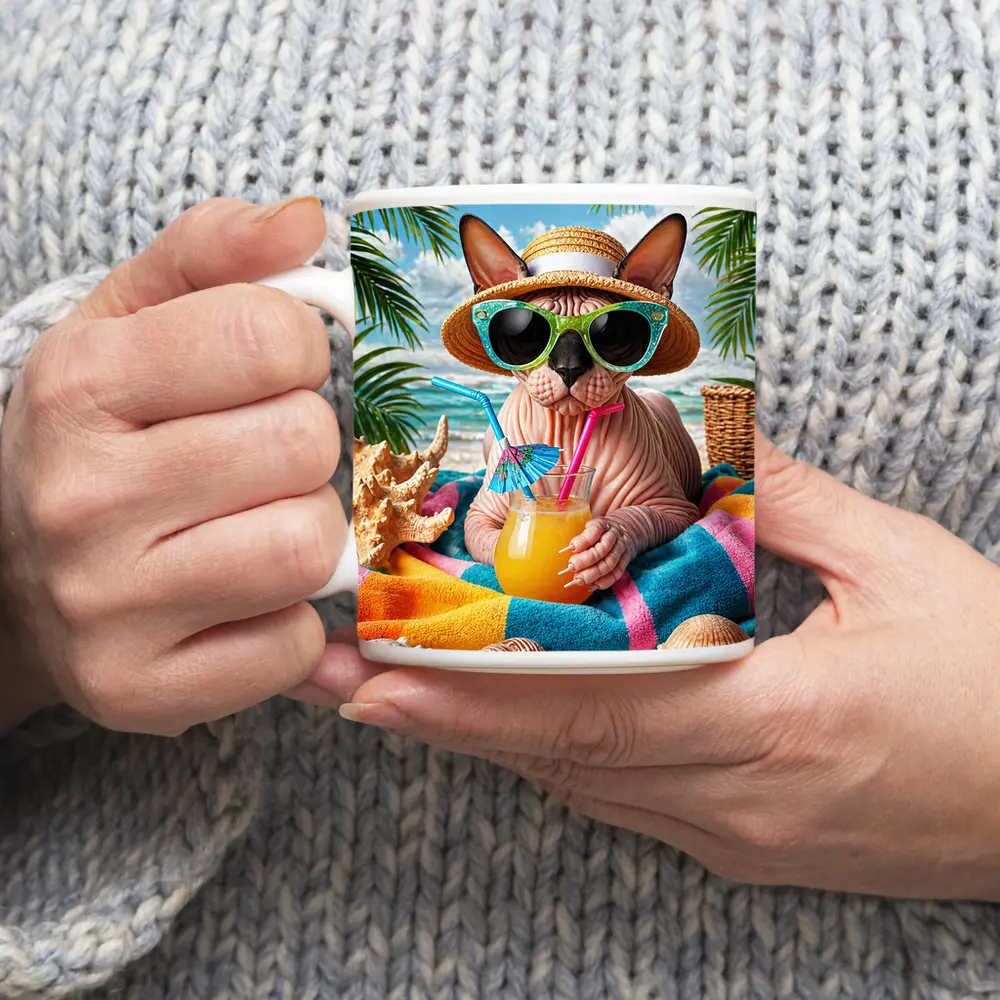 Sphynx Cat Relaxing On Tropical Beach – Mugs