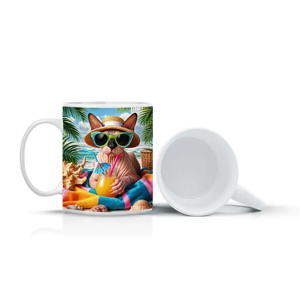 Sphynx Cat Relaxing On Tropical Beach – Mugs