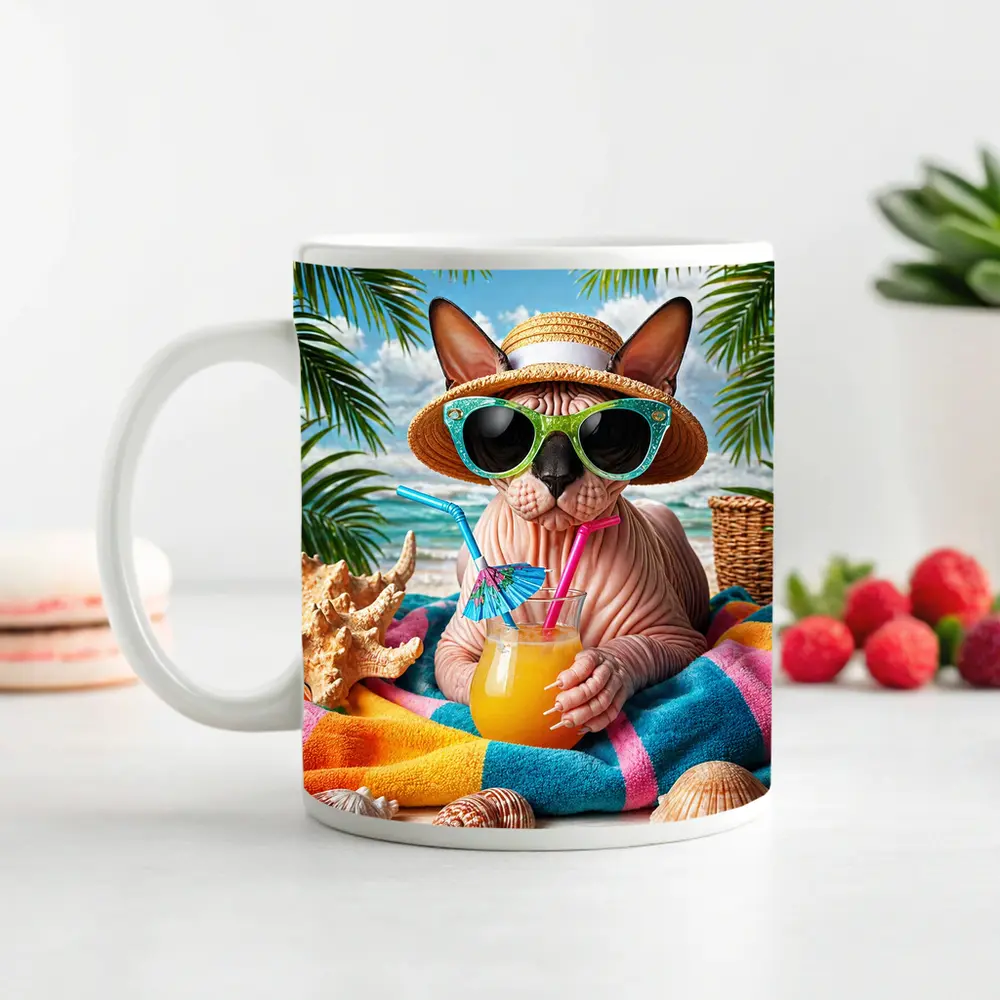 Sphynx Cat Relaxing On Tropical Beach – Mugs