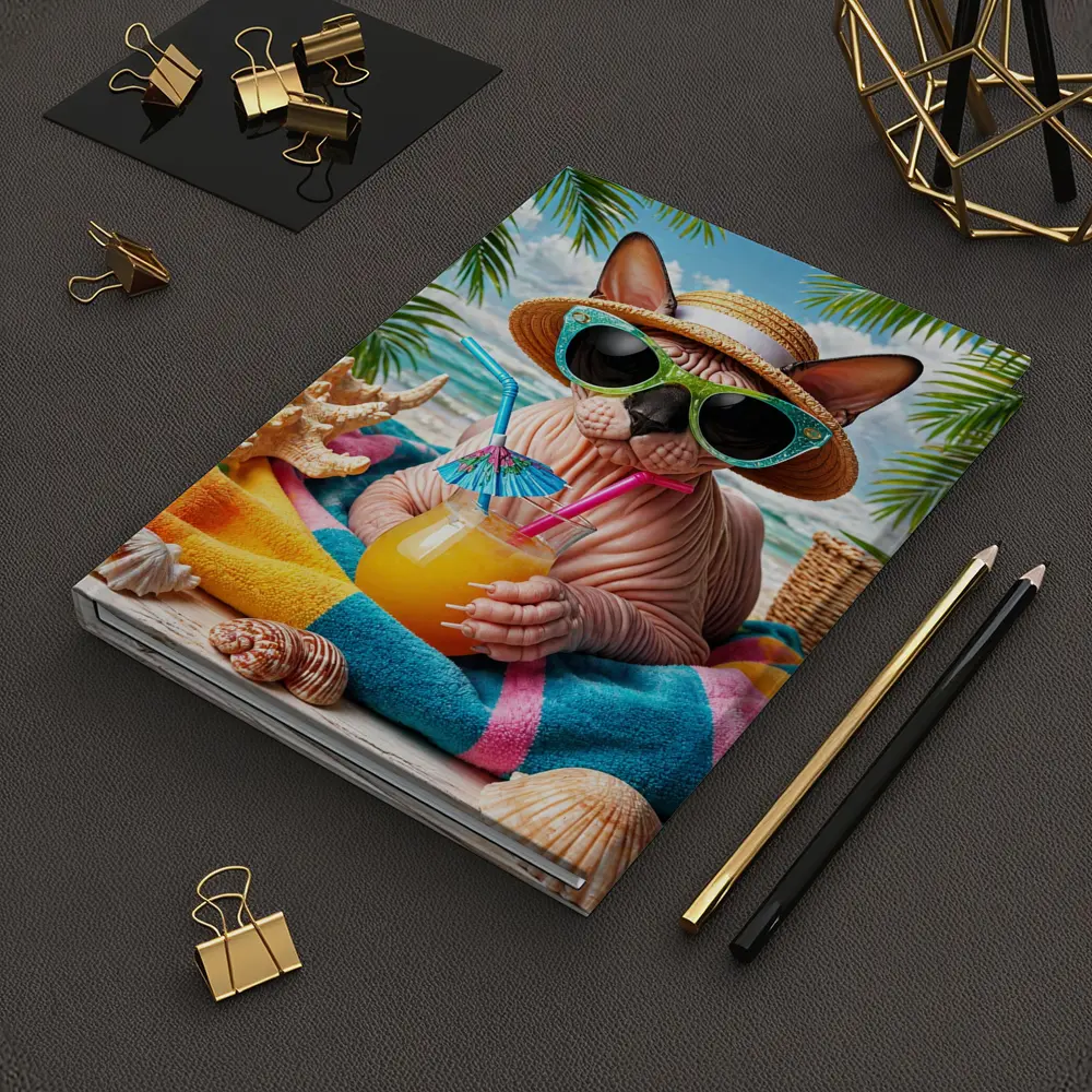 Sphynx Cat Relaxing On Tropical Beach – Notebooks
