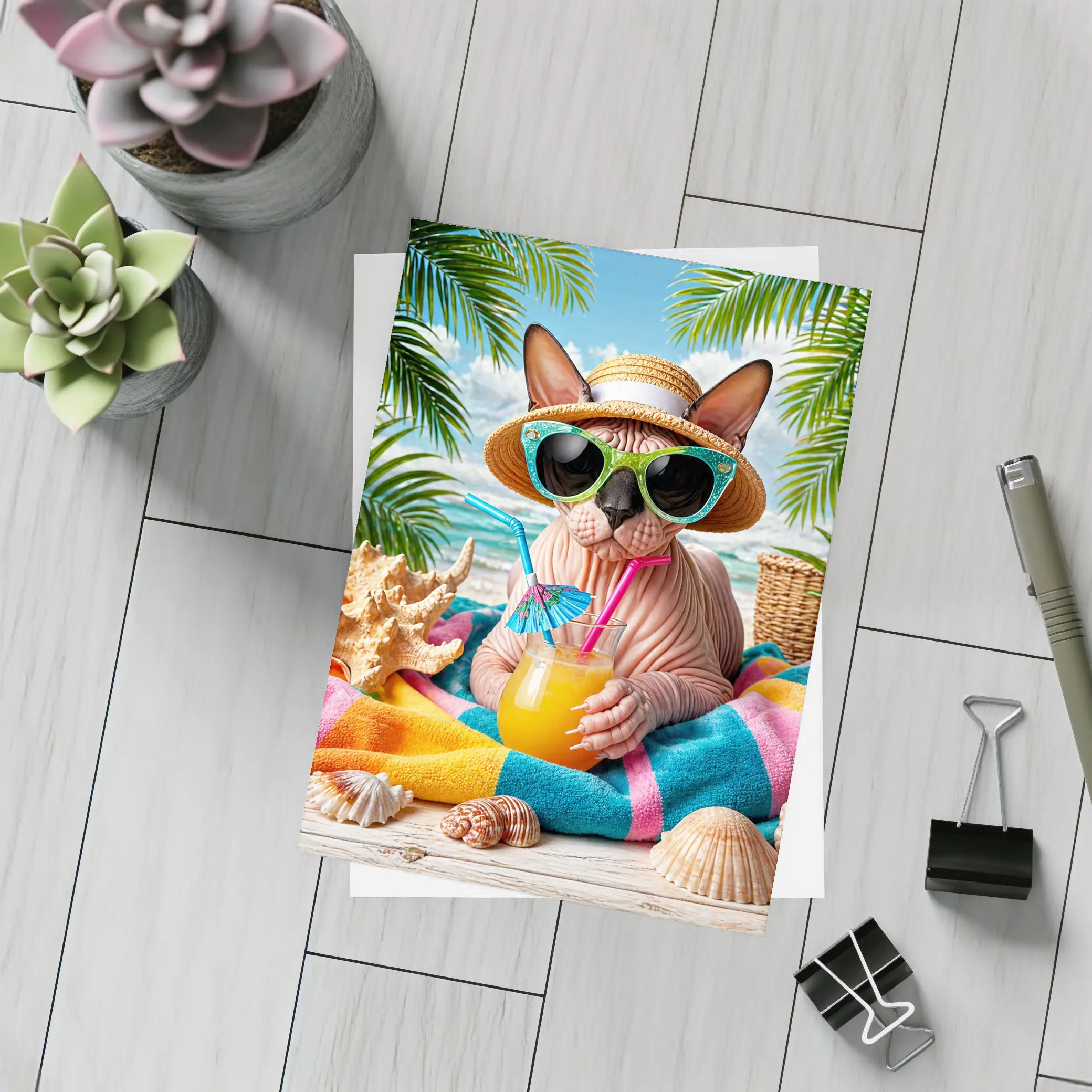 Sphynx Cat Relaxing On Tropical Beach – Postcards