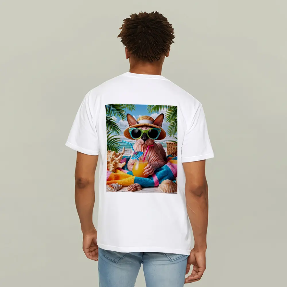 Sphynx Cat Relaxing On Tropical Beach – T-Shirts