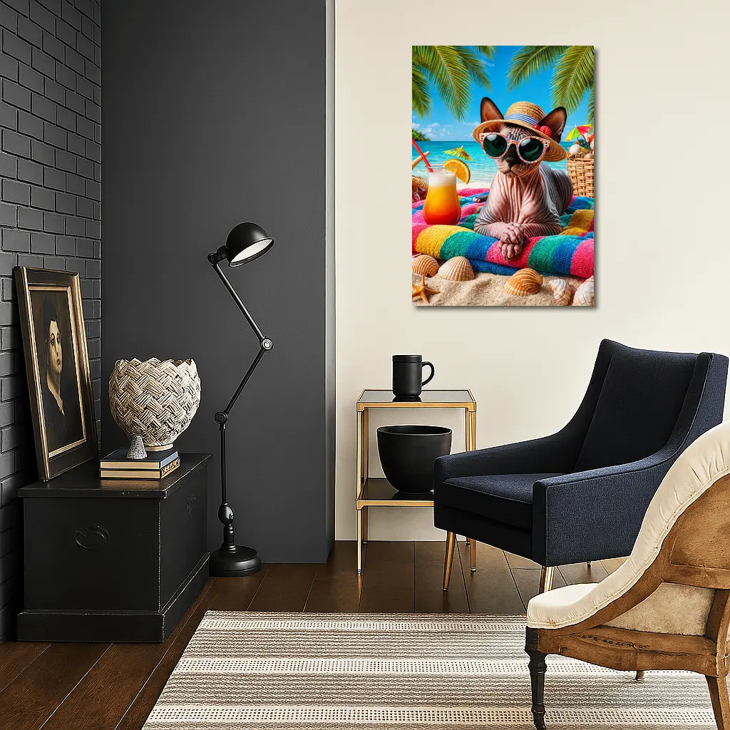 Sphynx Cat Relaxing On Tropical Beach – Wall Art