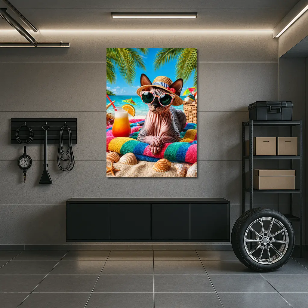 Sphynx Cat Relaxing On Tropical Beach – Wall Art