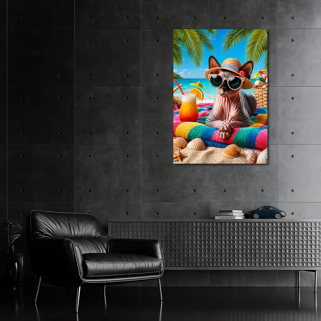 Sphynx Cat Relaxing On Tropical Beach – Wall Art