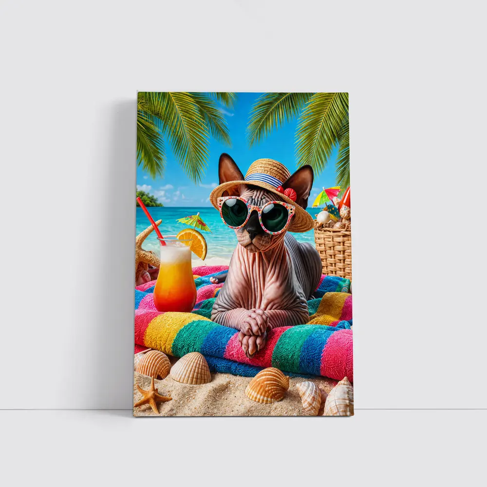 Sphynx Cat Relaxing On Tropical Beach – Wall Art
