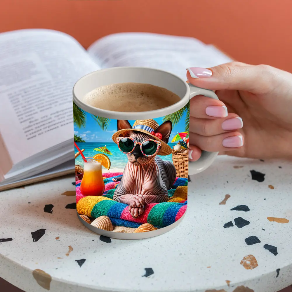 Sphynx Cat Relaxing On Tropical Beach – Mugs