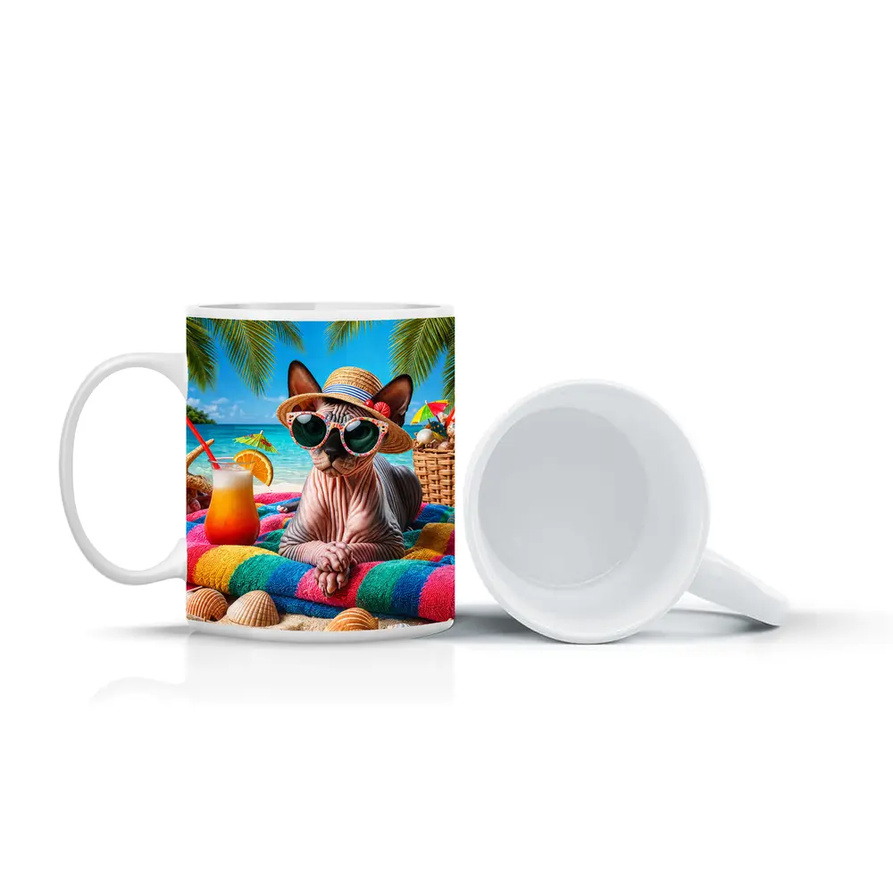 Sphynx Cat Relaxing On Tropical Beach – Mugs