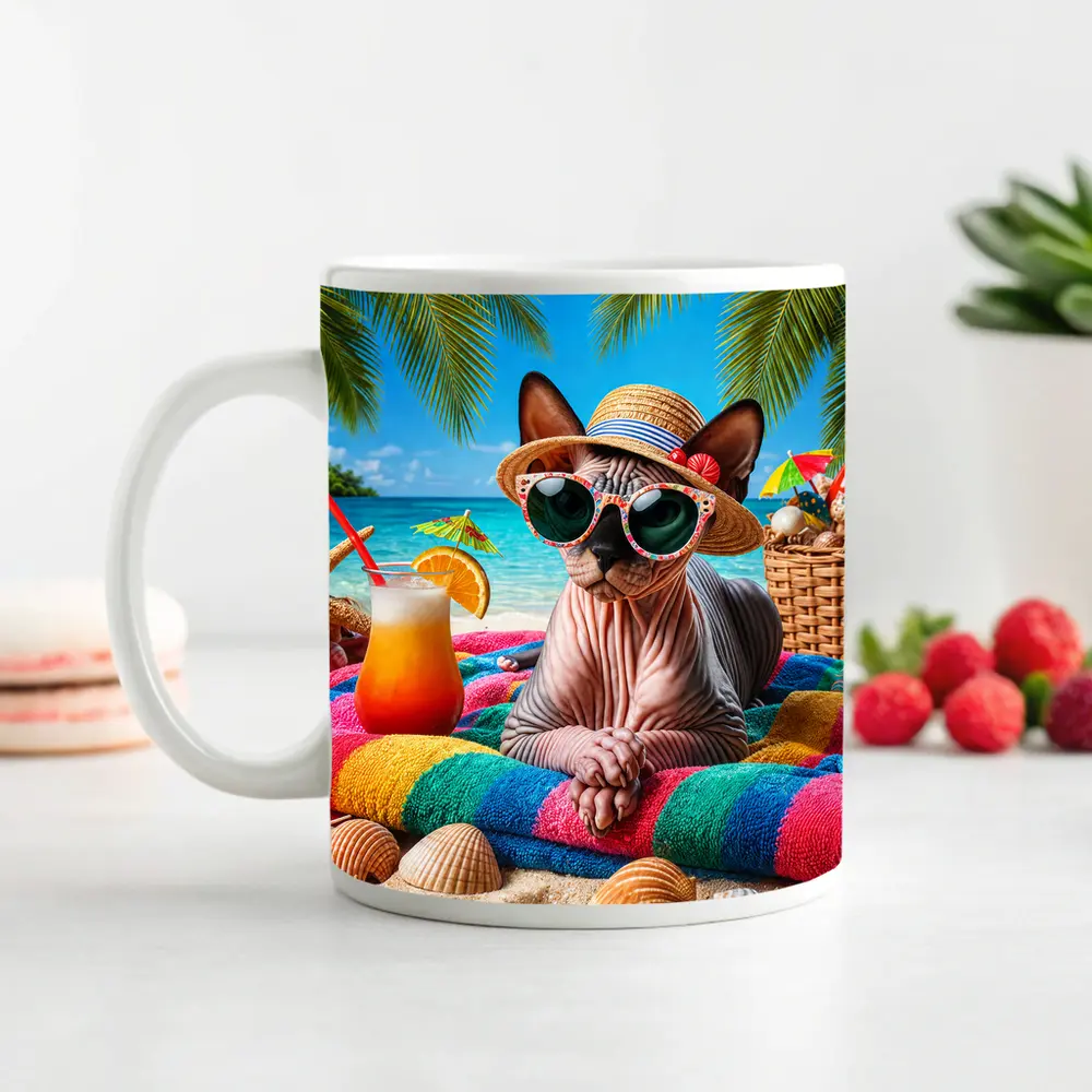Sphynx Cat Relaxing On Tropical Beach – Mugs