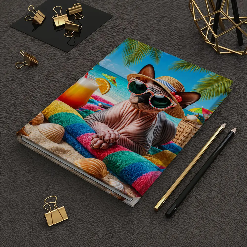 Sphynx Cat Relaxing On Tropical Beach – Notebooks