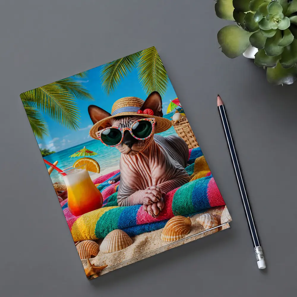 Sphynx Cat Relaxing On Tropical Beach – Notebooks