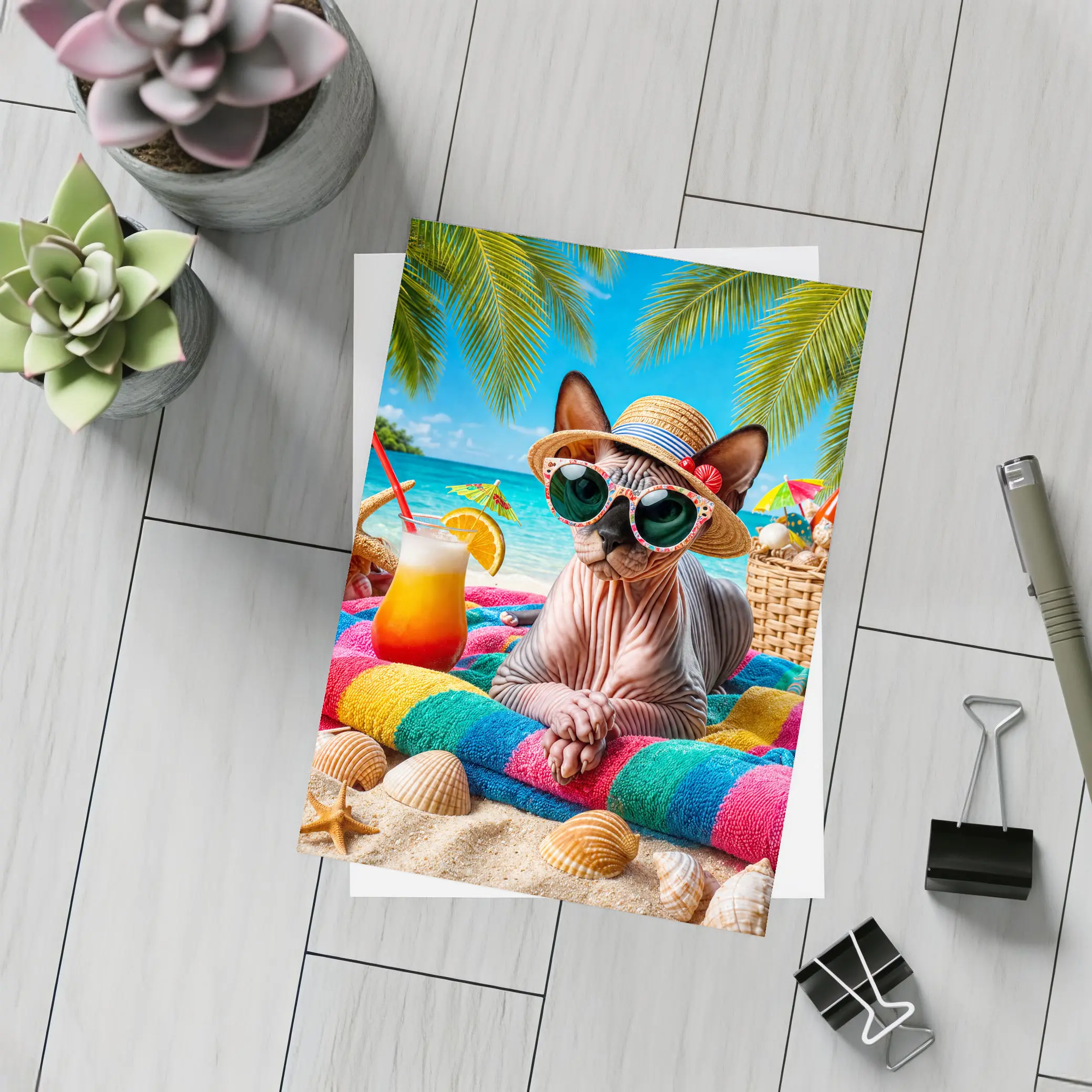 Sphynx Cat Relaxing On Tropical Beach – Postcards