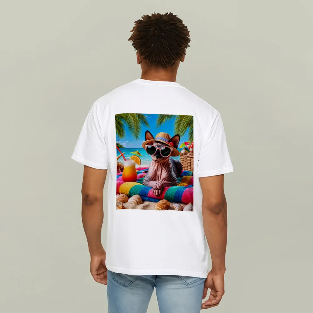 Sphynx Cat Relaxing On Tropical Beach – T-Shirts