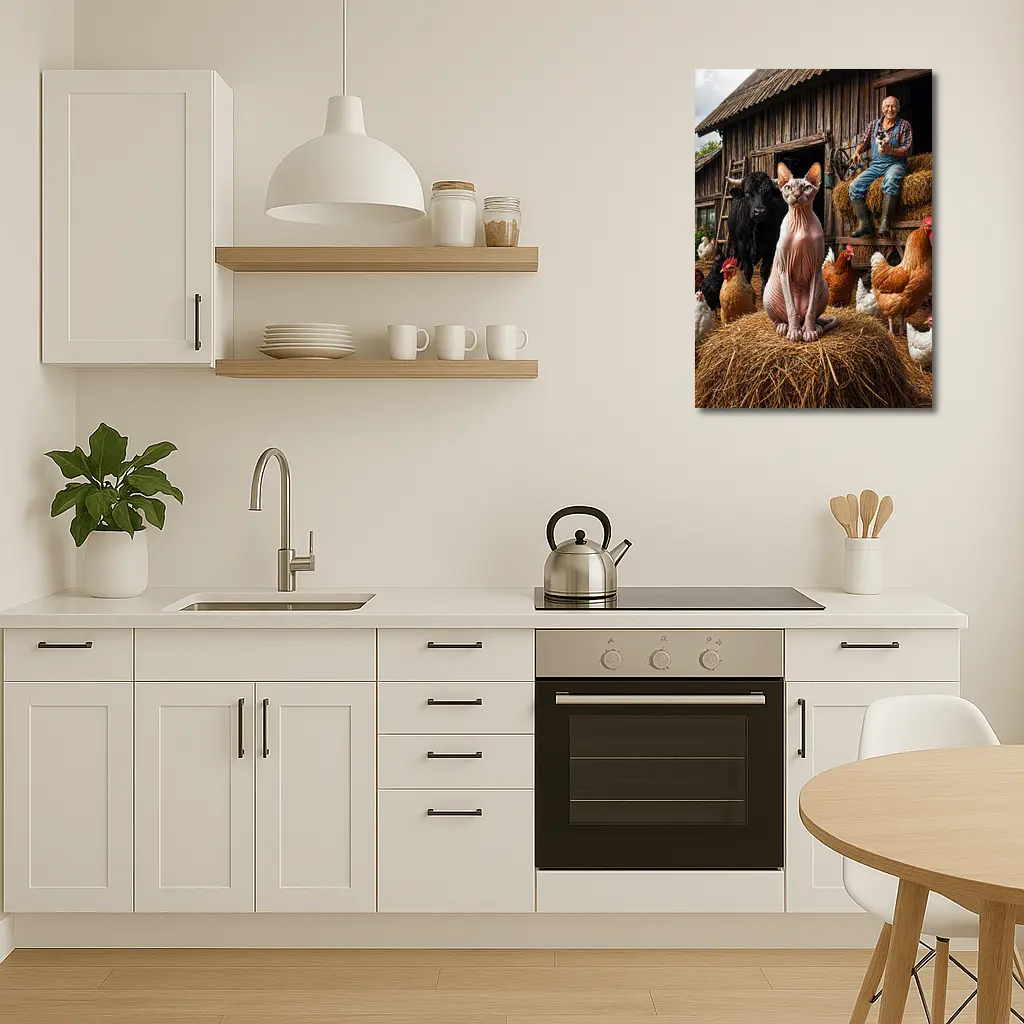 Sphynx Cat on Farm with Chickens – Wall Art