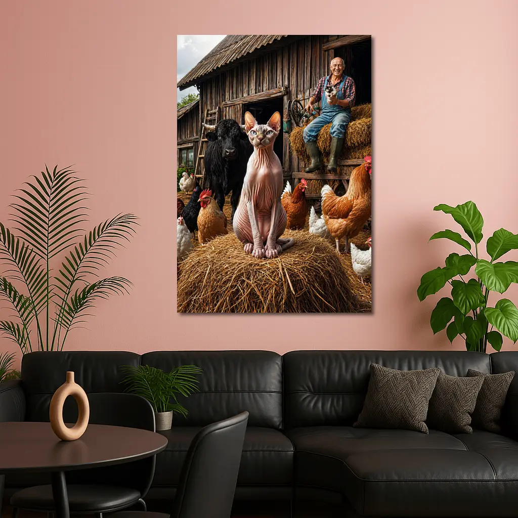 Sphynx Cat on Farm with Chickens – Wall Art