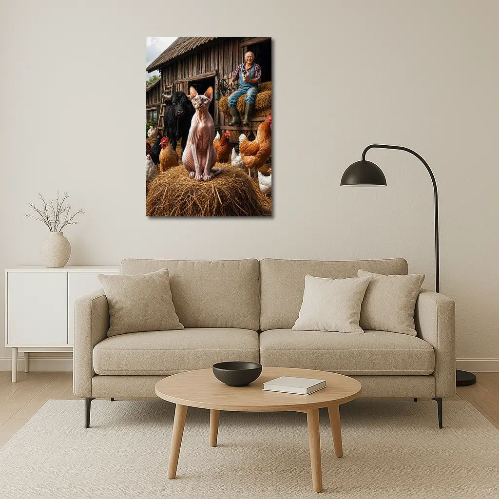 Sphynx Cat on Farm with Chickens – Wall Art