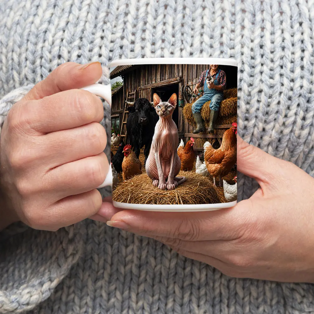 Sphynx Cat on Farm with Chickens – Mugs