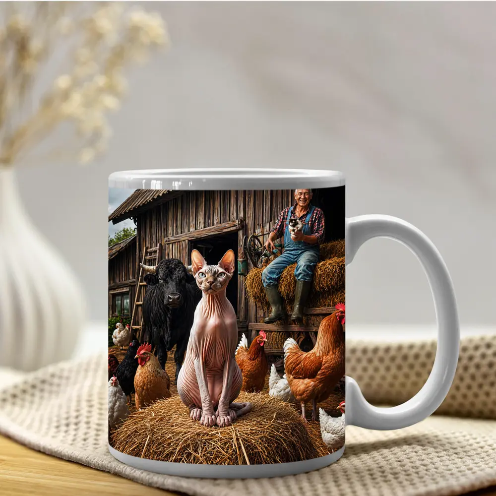 Sphynx Cat on Farm with Chickens – Mugs