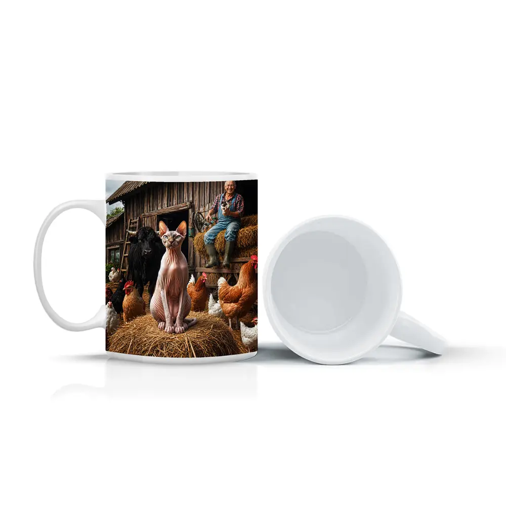 Sphynx Cat on Farm with Chickens – Mugs