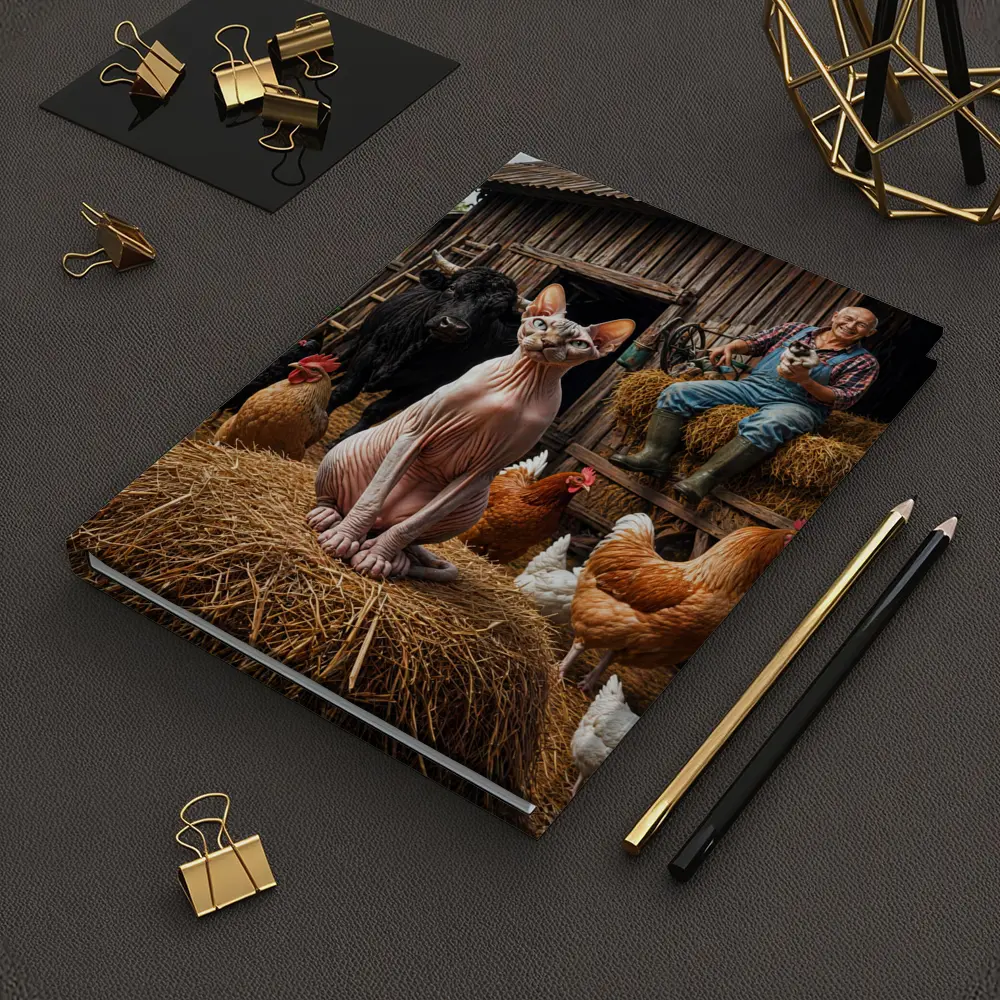Sphynx Cat on Farm with Chickens – Notebooks