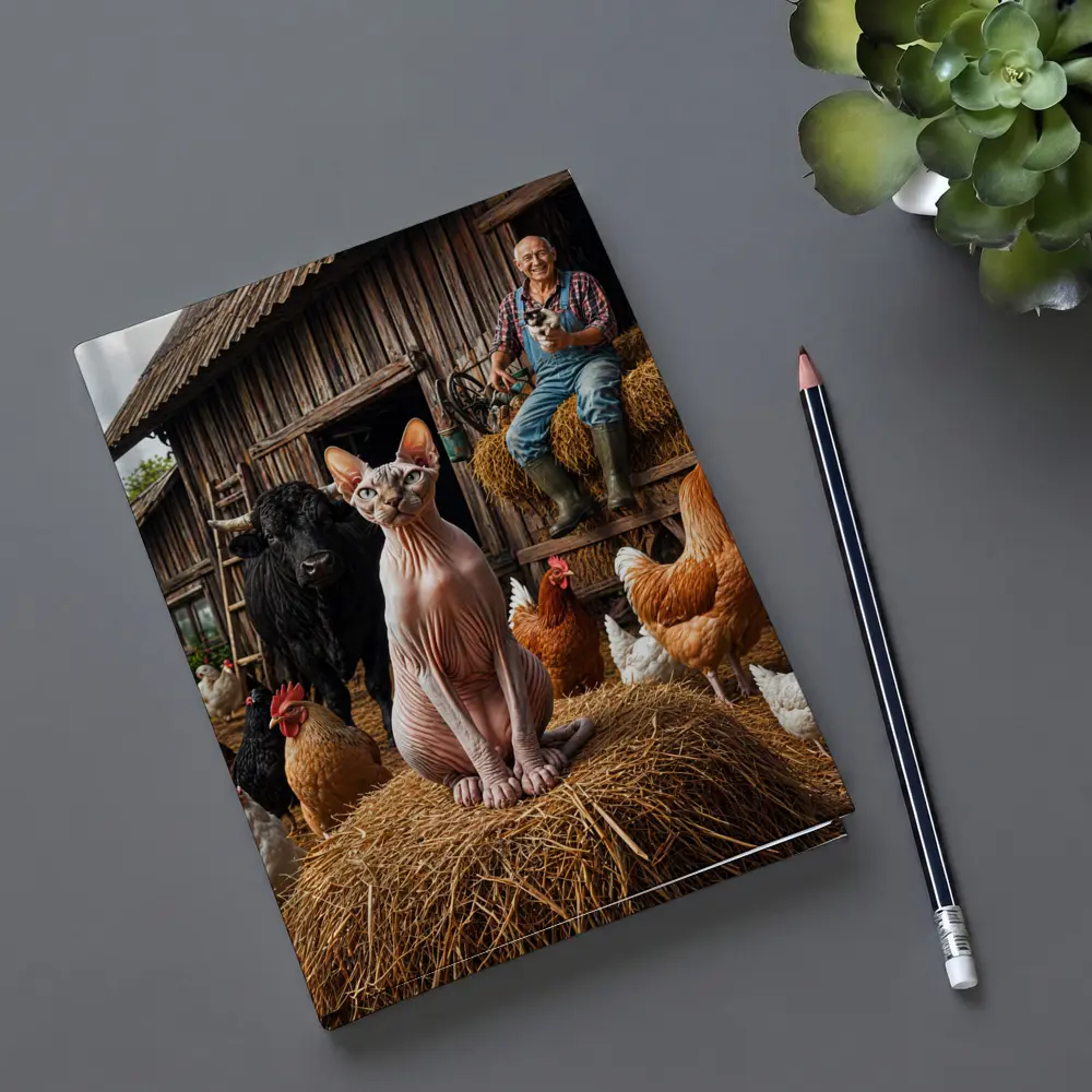 Sphynx Cat on Farm with Chickens – Notebooks