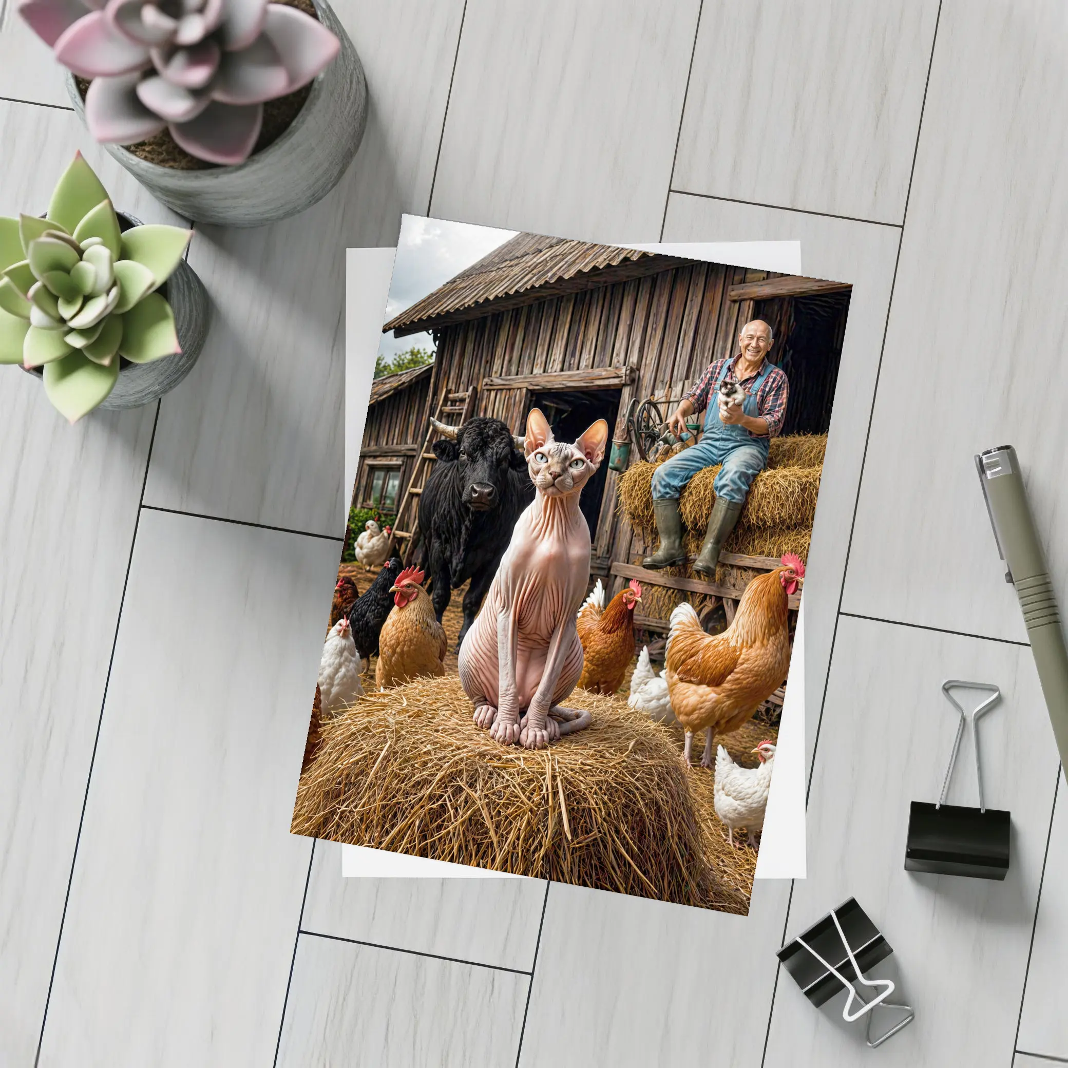 Sphynx Cat on Farm with Chickens – Postcards