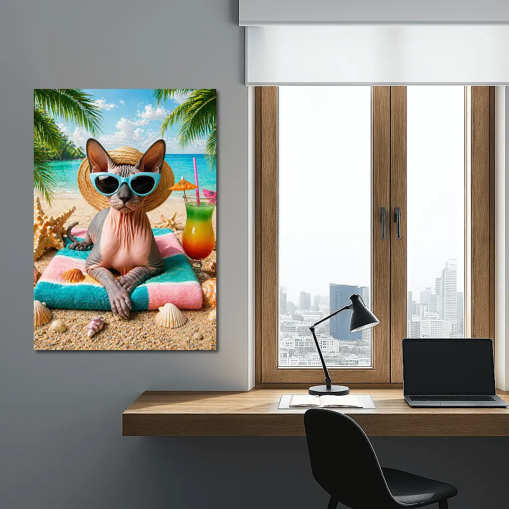 Sphynx Cat Relaxing On Tropical Beach – Wall Art