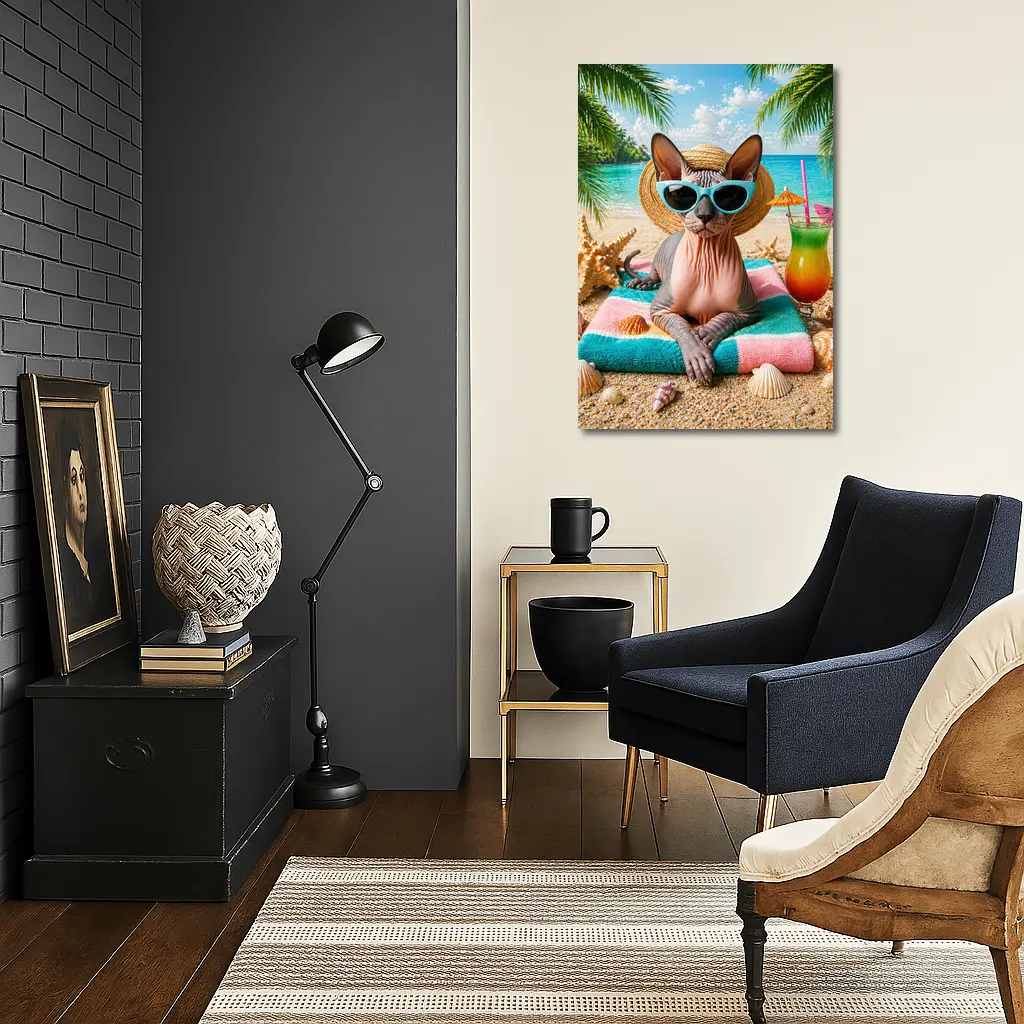 Sphynx Cat Relaxing On Tropical Beach – Wall Art