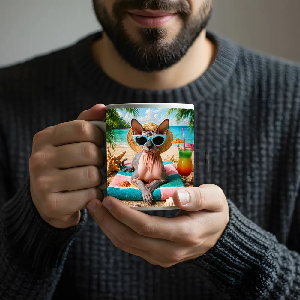 Sphynx Cat Relaxing On Tropical Beach – Mugs