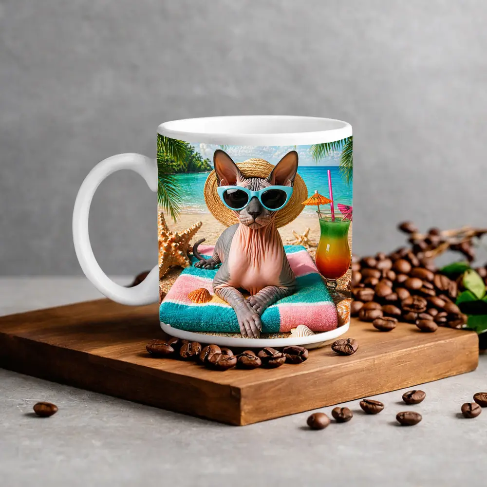 Sphynx Cat Relaxing On Tropical Beach – Mugs