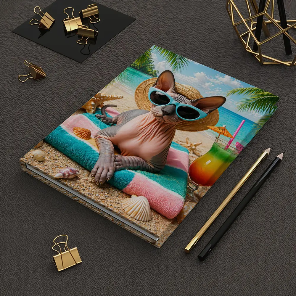 Sphynx Cat Relaxing On Tropical Beach – Notebooks