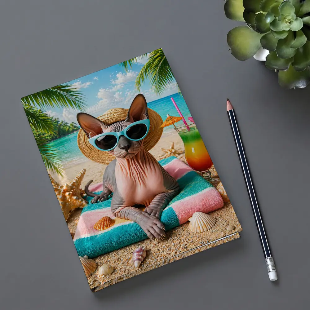 Sphynx Cat Relaxing On Tropical Beach – Notebooks