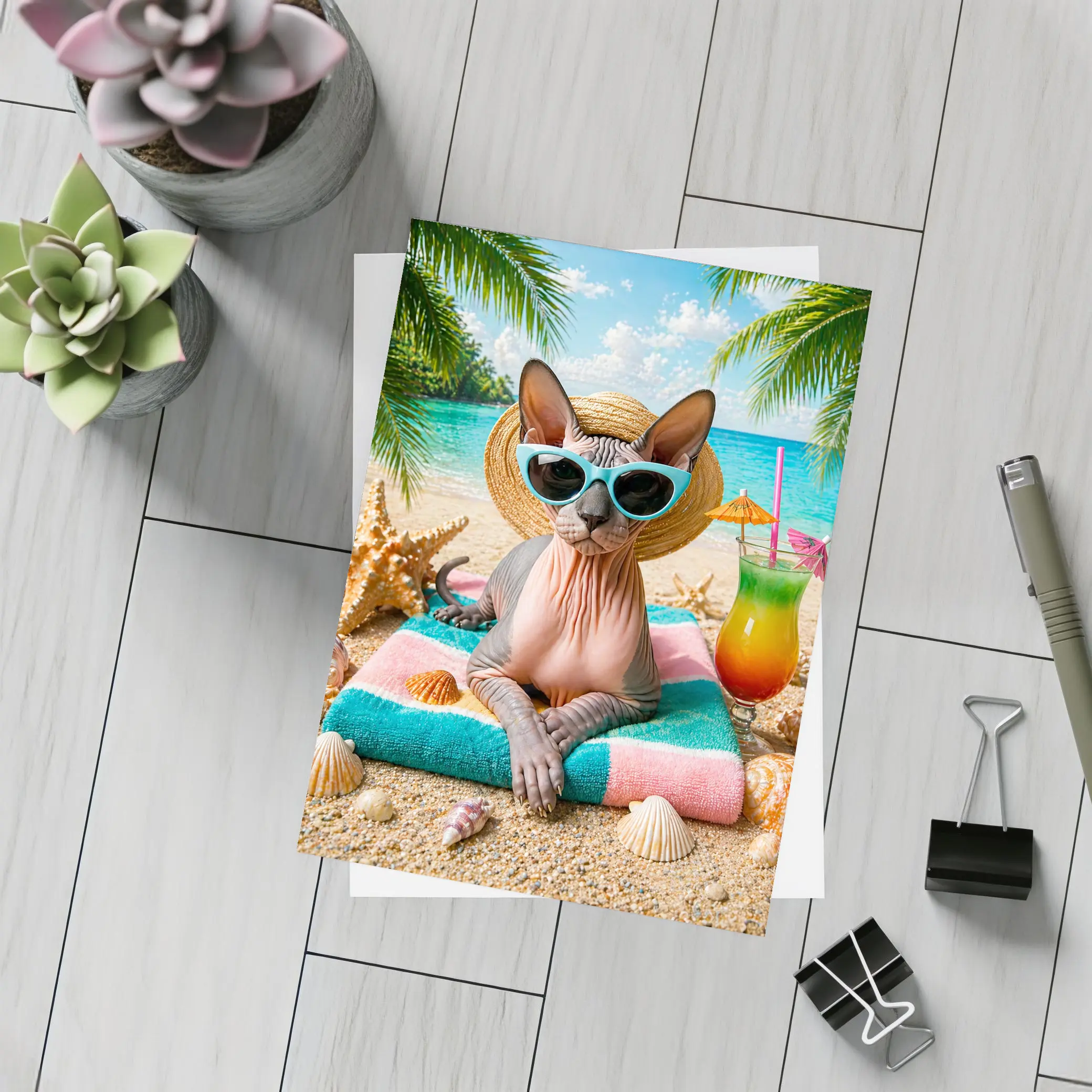 Sphynx Cat Relaxing On Tropical Beach – Postcards
