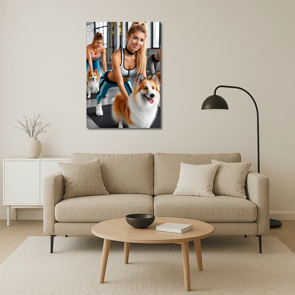 Women Working Out With Shetland Sheepdogs Gym – Wall Art