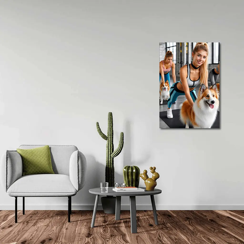 Women Working Out With Shetland Sheepdogs Gym – Wall Art