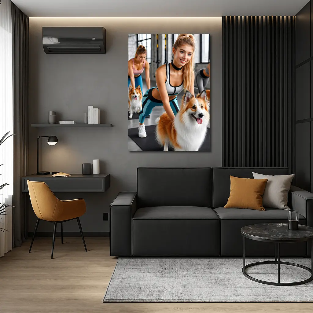 Women Working Out With Shetland Sheepdogs Gym – Wall Art