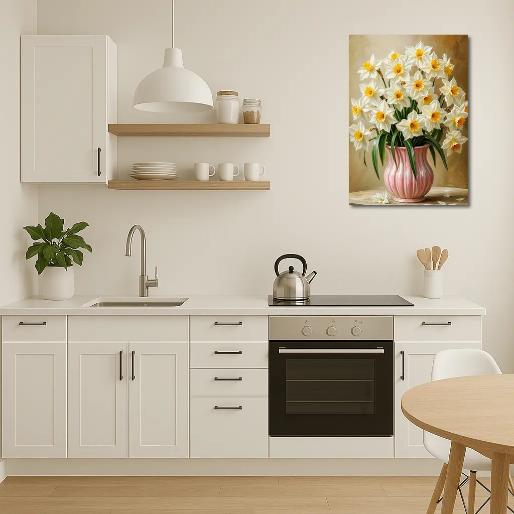 White Daffodils Pink Vase Warm Beige Background – Wall Art