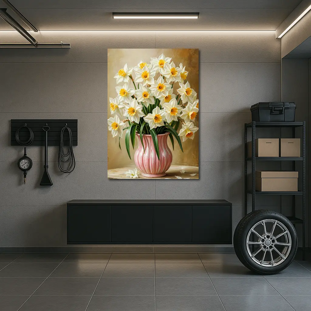 White Daffodils Pink Vase Warm Beige Background – Wall Art