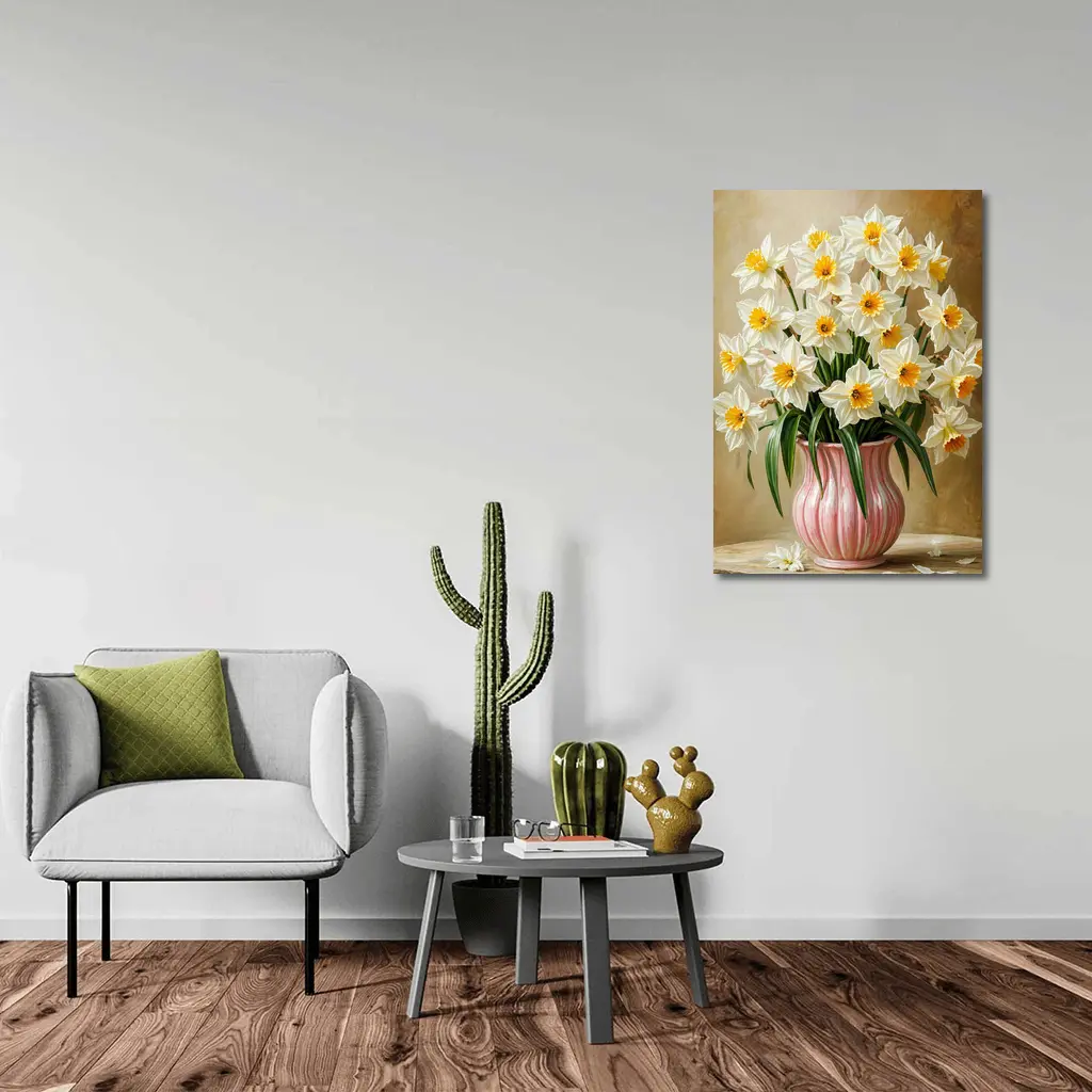 White Daffodils Pink Vase Warm Beige Background – Wall Art