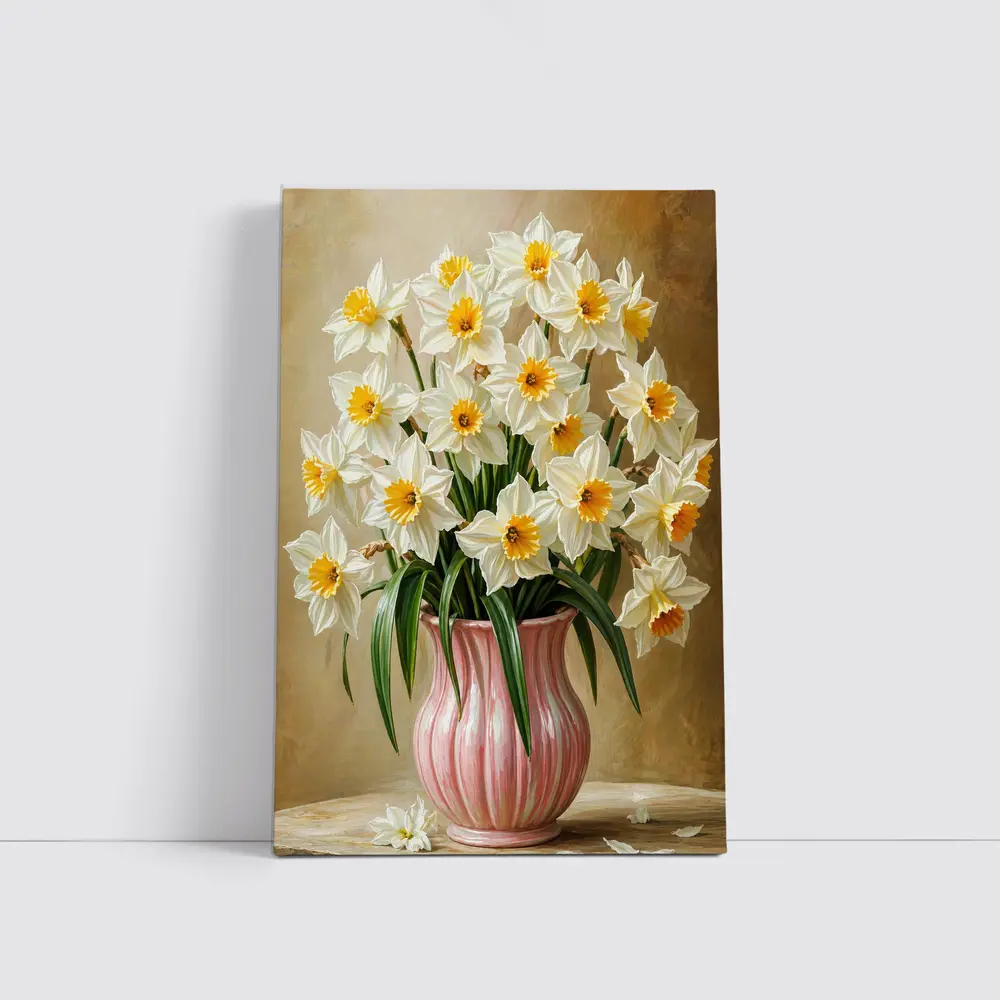 White Daffodils Pink Vase Warm Beige Background – Wall Art