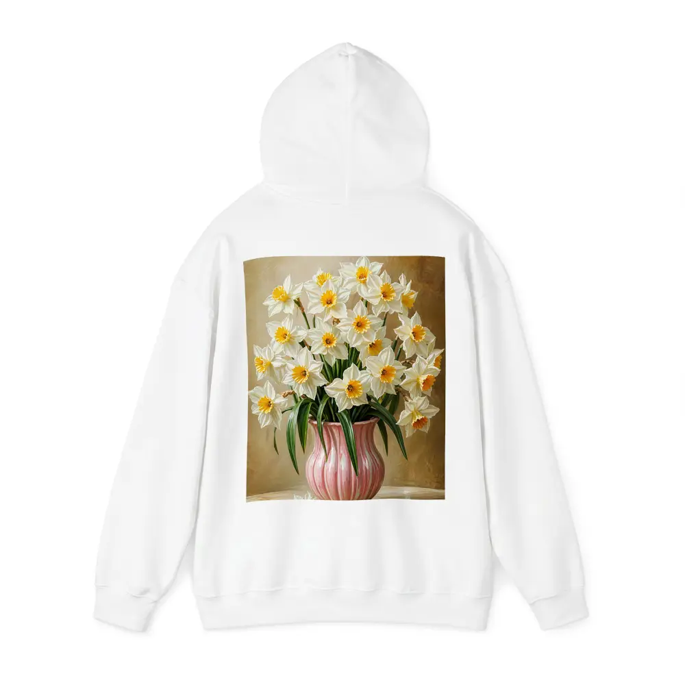White Daffodils Pink Vase Warm Beige Background – Hoodies