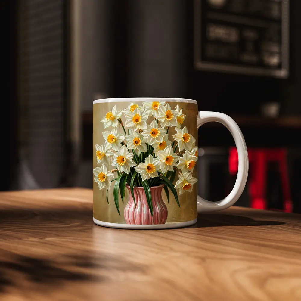 White Daffodils Pink Vase Warm Beige Background – Mugs
