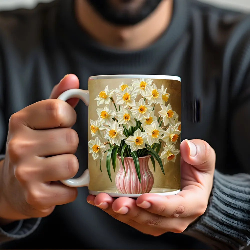White Daffodils Pink Vase Warm Beige Background – Mugs
