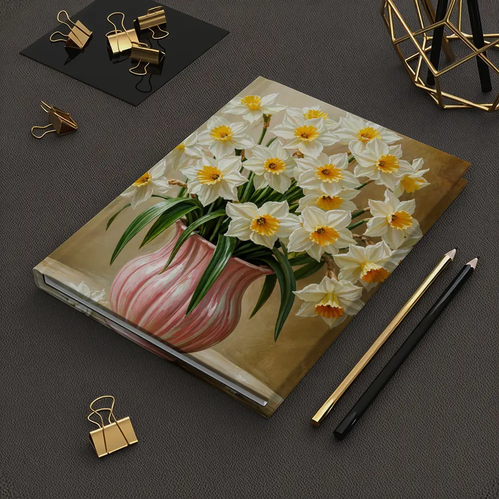 White Daffodils Pink Vase Warm Beige Background – Notebooks