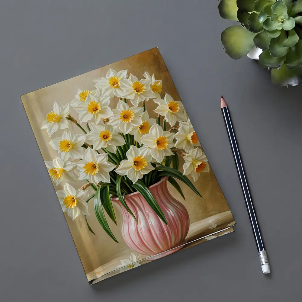 White Daffodils Pink Vase Warm Beige Background – Notebooks