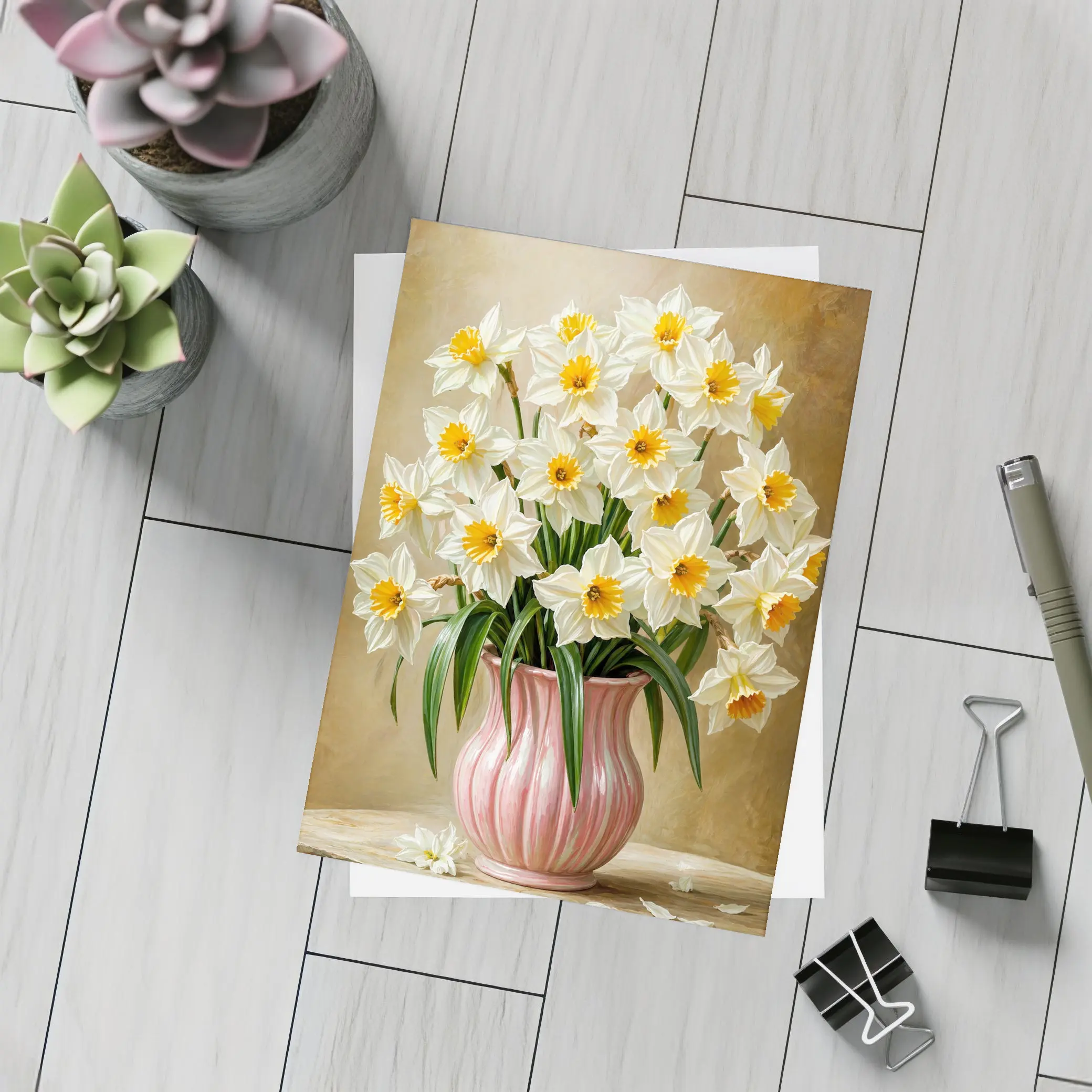 White Daffodils Pink Vase Warm Beige Background – Postcards