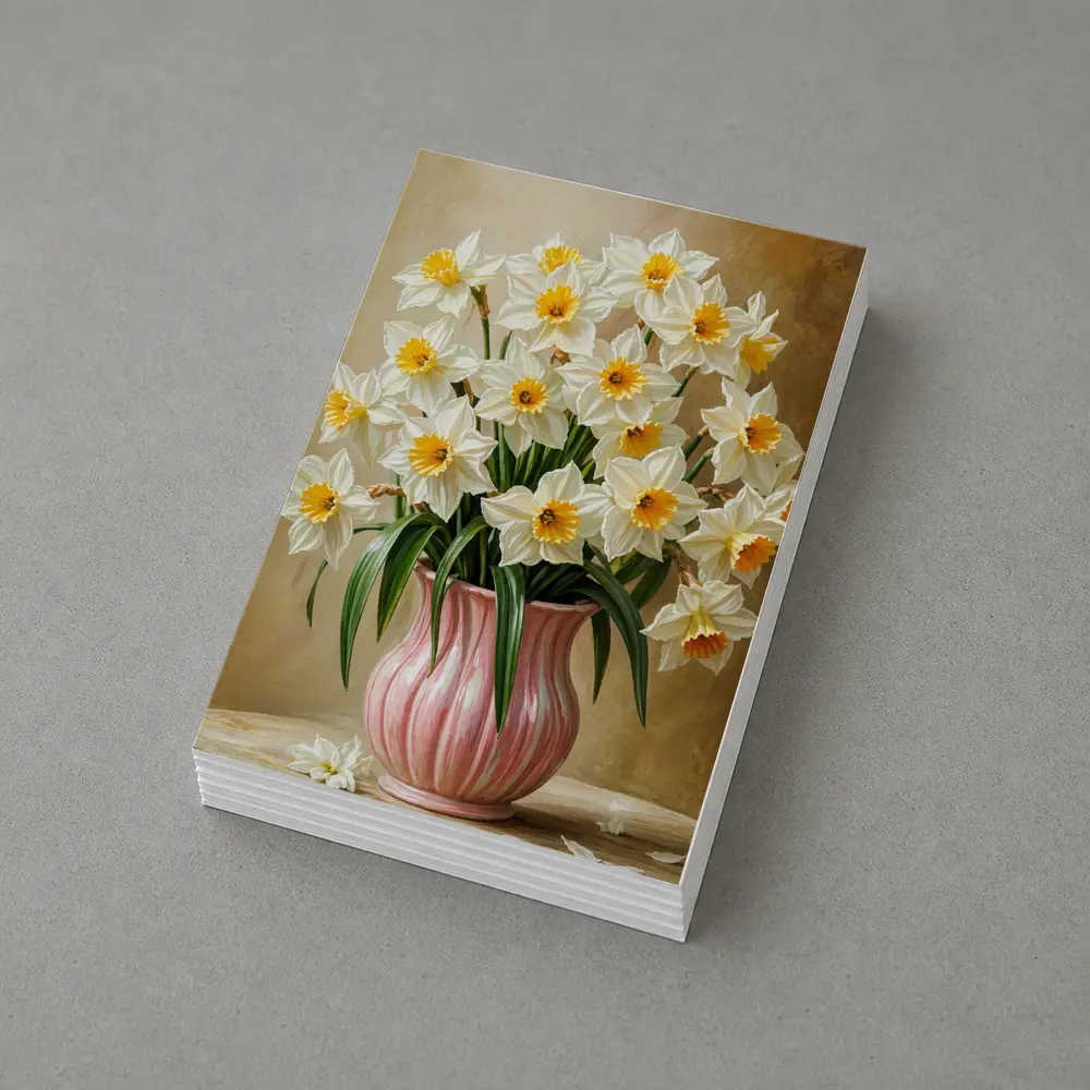 White Daffodils Pink Vase Warm Beige Background – Postcards